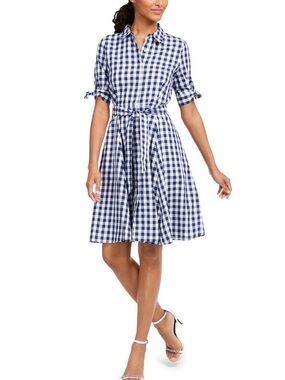 Calvin Klein Gingham Belted Tie-Waist Classic Shirt Dress Navy Blue White Size 4